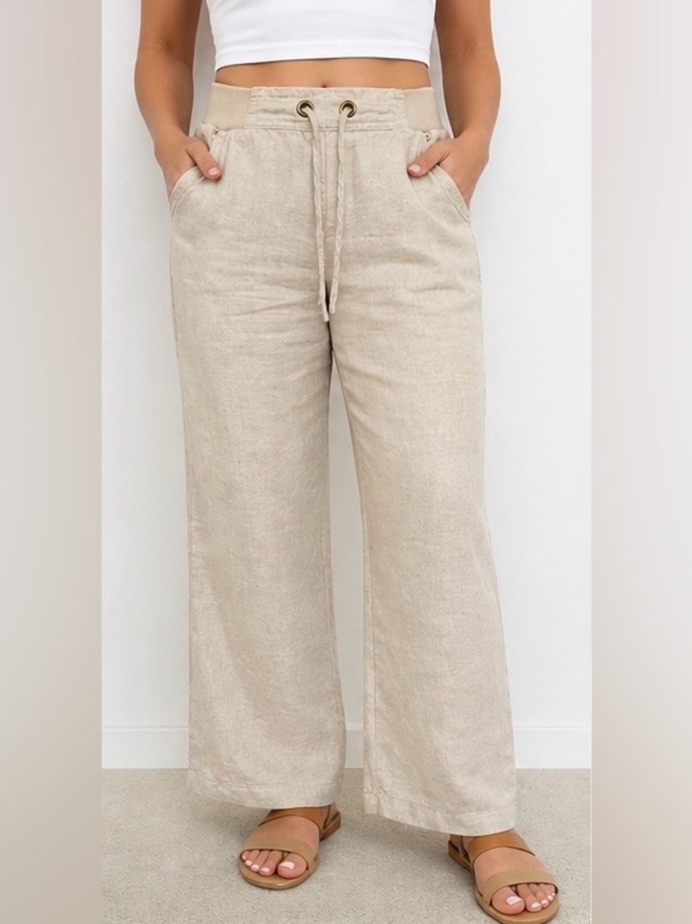 M Collection 100% Linen Wide Leg Pants Size 16 Beige Drawstring Elastic Waist